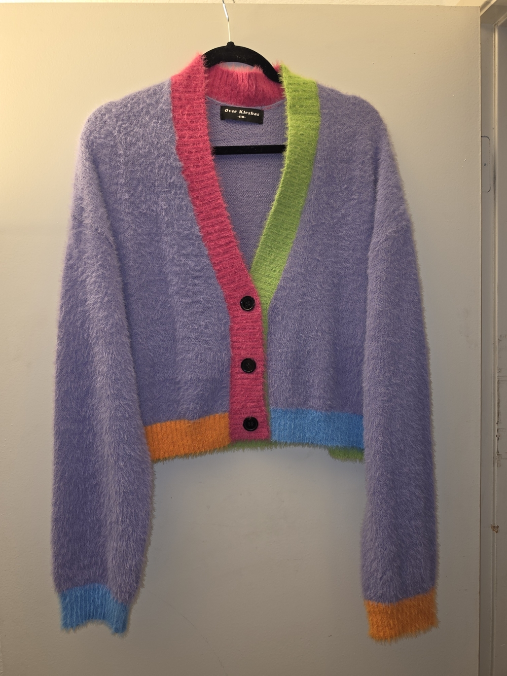 Lavender Color-Block Fuzzy Cardigan with Vibrant Trim